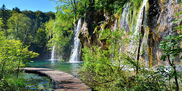 Boardwalk through the waterfalls of Plitvice Lakes National Park