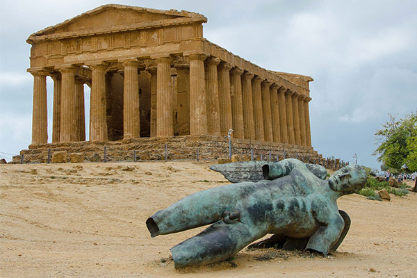 Fallen Icarus statue in front of the Temple of Concordia