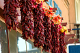 Bright red strings of chile peppers hanging along a fence to dry